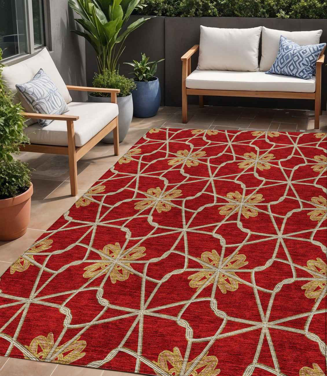 5' X 8' Orange And Gold Geometric Washable Indoor Outdoor Area Rug