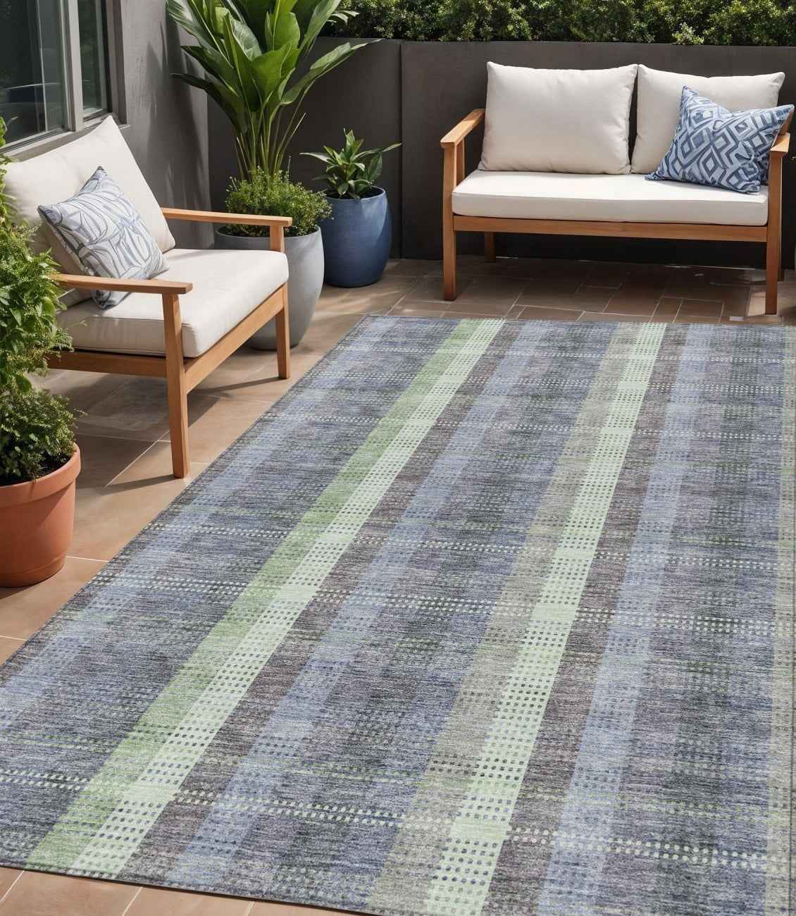 5' X 8' Pewter Gray And Mint Green Plaid Washable Indoor Outdoor Area Rug