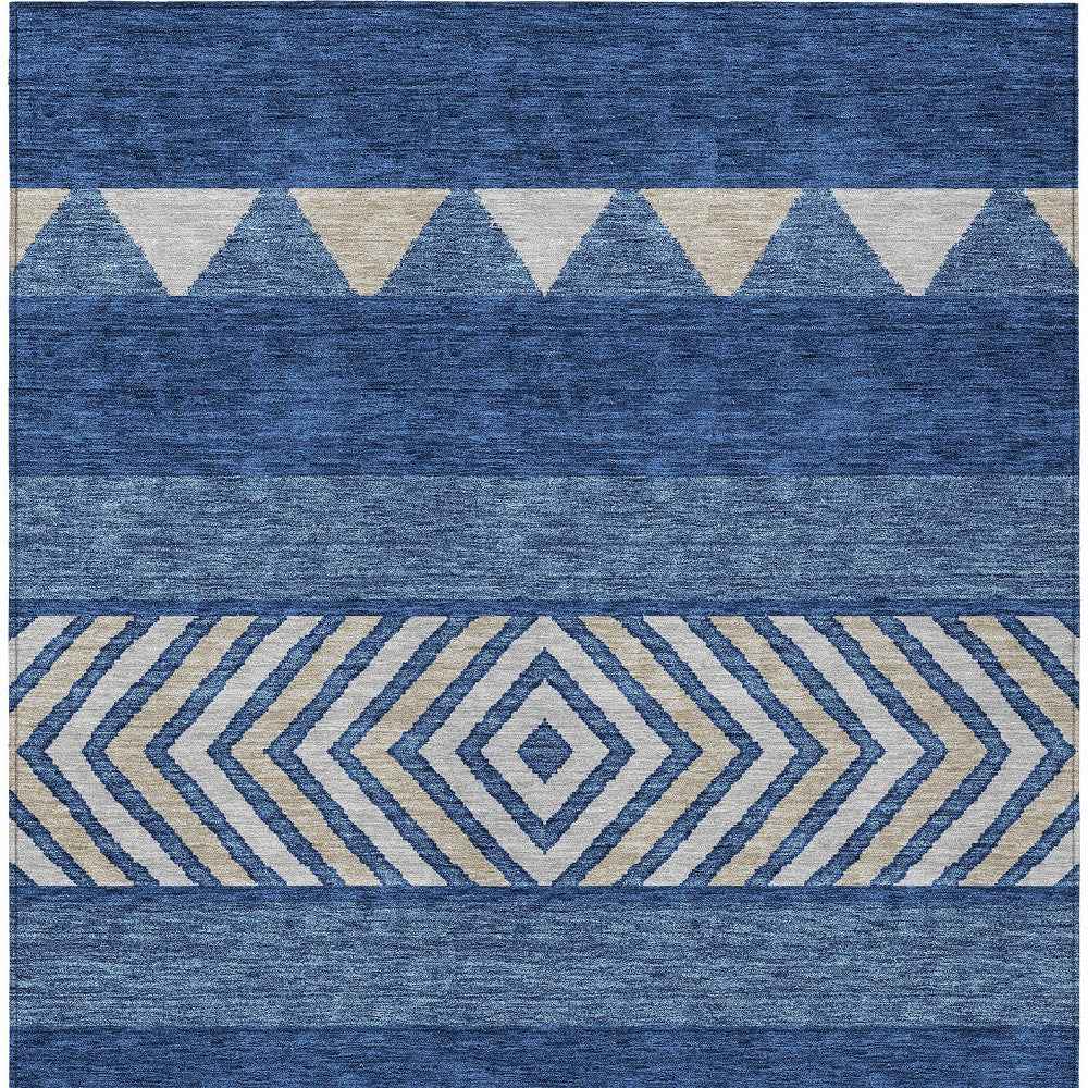 10' X 14' Navy Blue Ivory And Beige Southwestern Washable Indoor Outdoor Area Rug