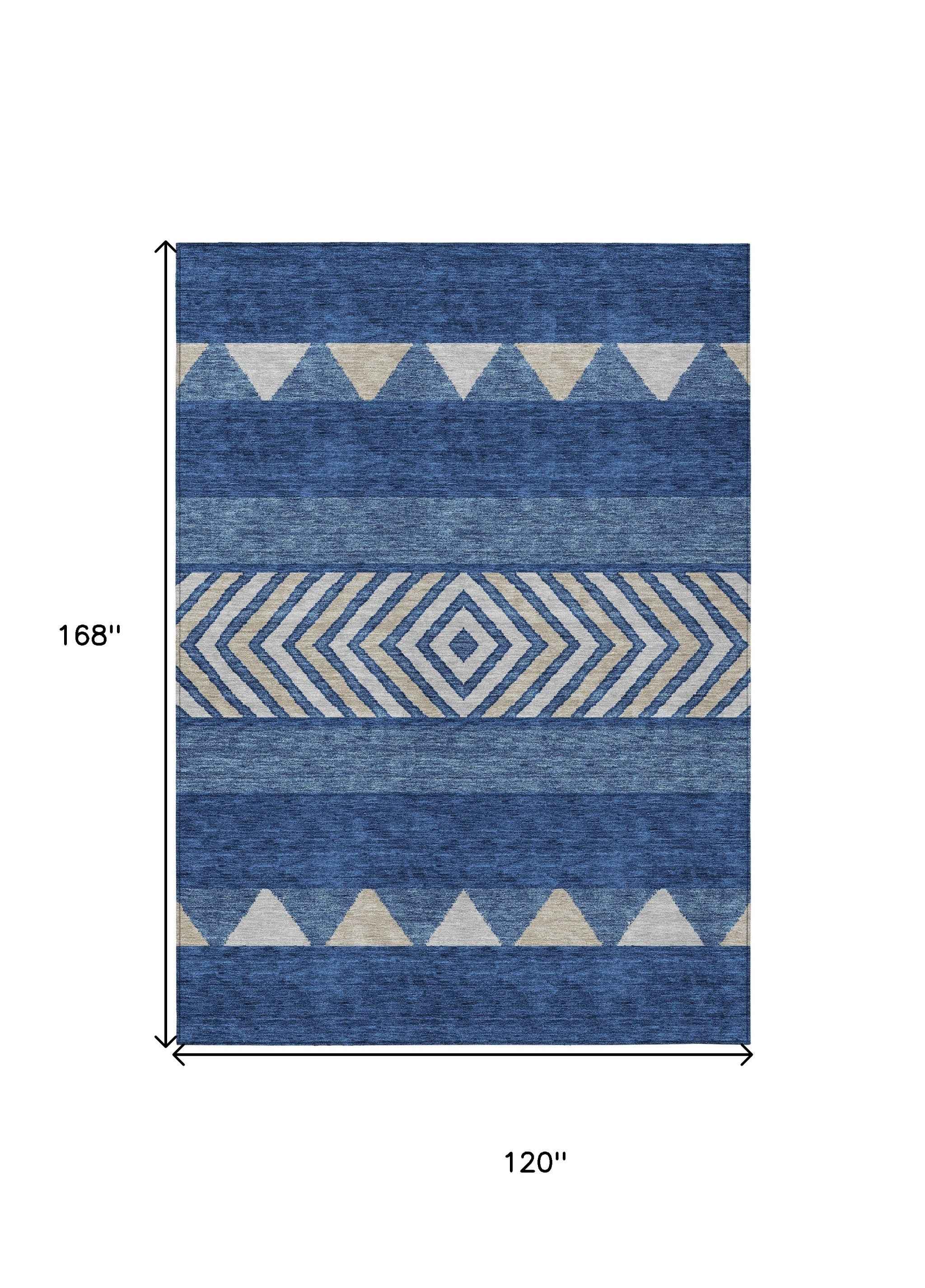 10' X 14' Navy Blue Ivory And Beige Southwestern Washable Indoor Outdoor Area Rug