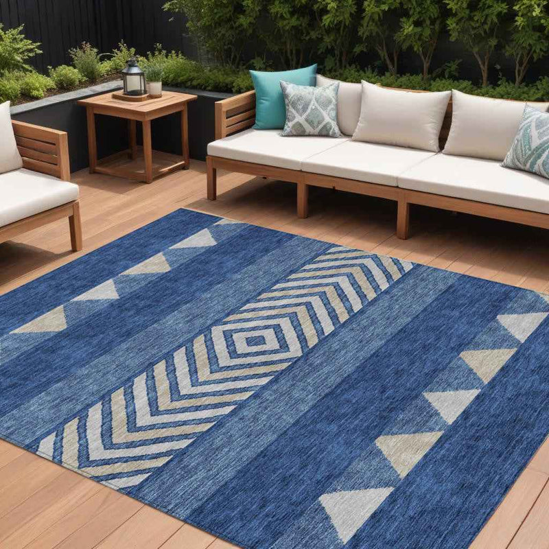 10' X 14' Navy Blue Ivory And Beige Southwestern Washable Indoor Outdoor Area Rug