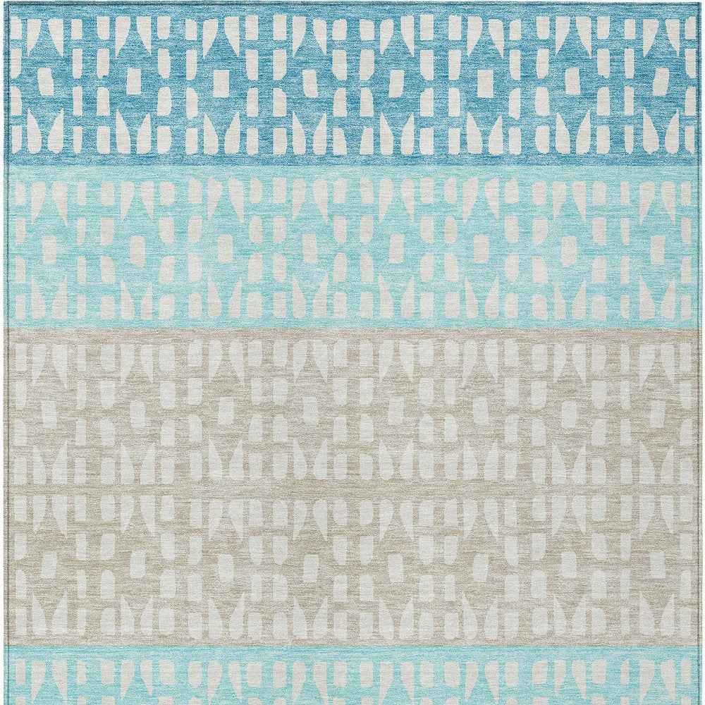 10' X 14' Teal Blue Aqua And Ivory Geometric Washable Indoor Outdoor Area Rug