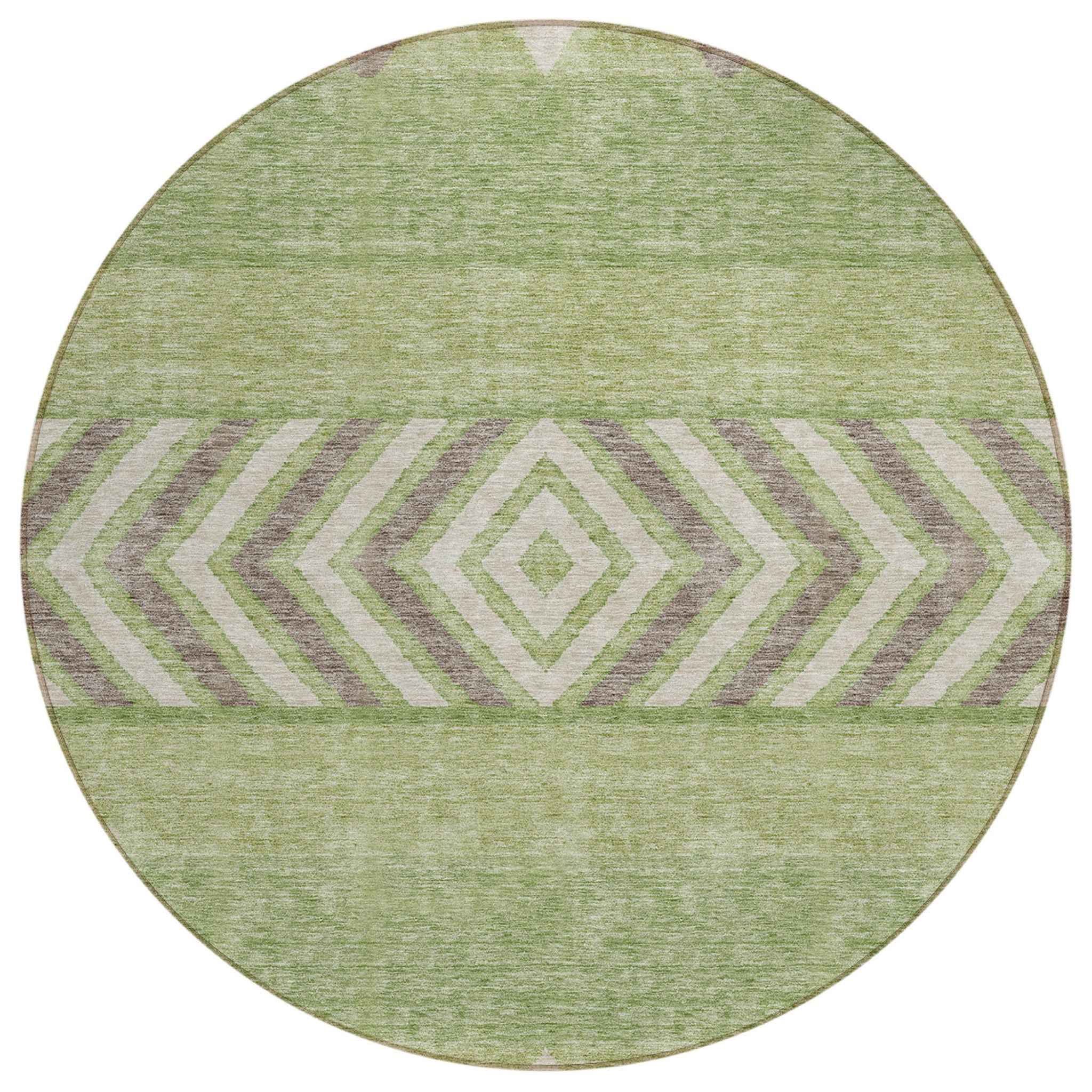 8' Green Taupe And Ivory Round Southwestern Washable Indoor Outdoor Area Rug