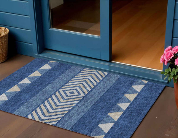 3' X 5' Navy Blue Ivory And Beige Southwestern Washable Indoor Outdoor Area Rug