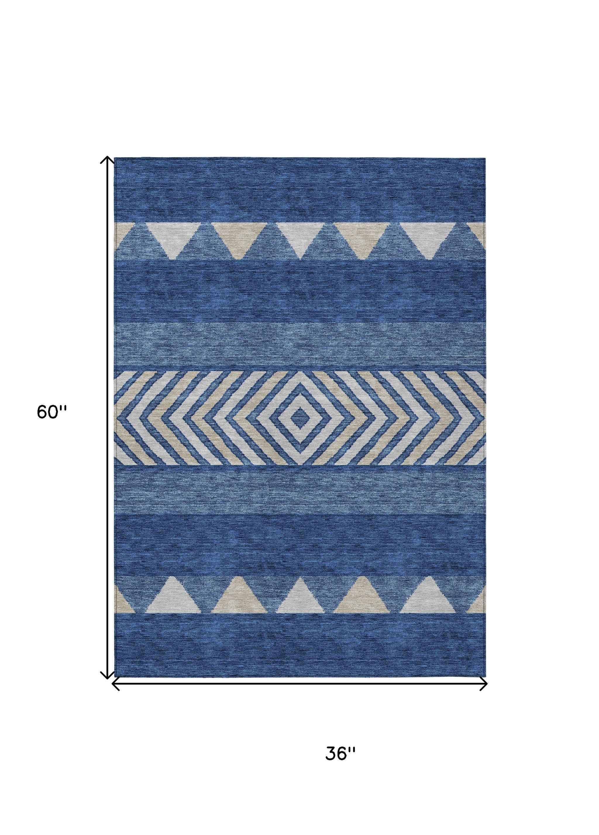3' X 5' Navy Blue Ivory And Beige Southwestern Washable Indoor Outdoor Area Rug