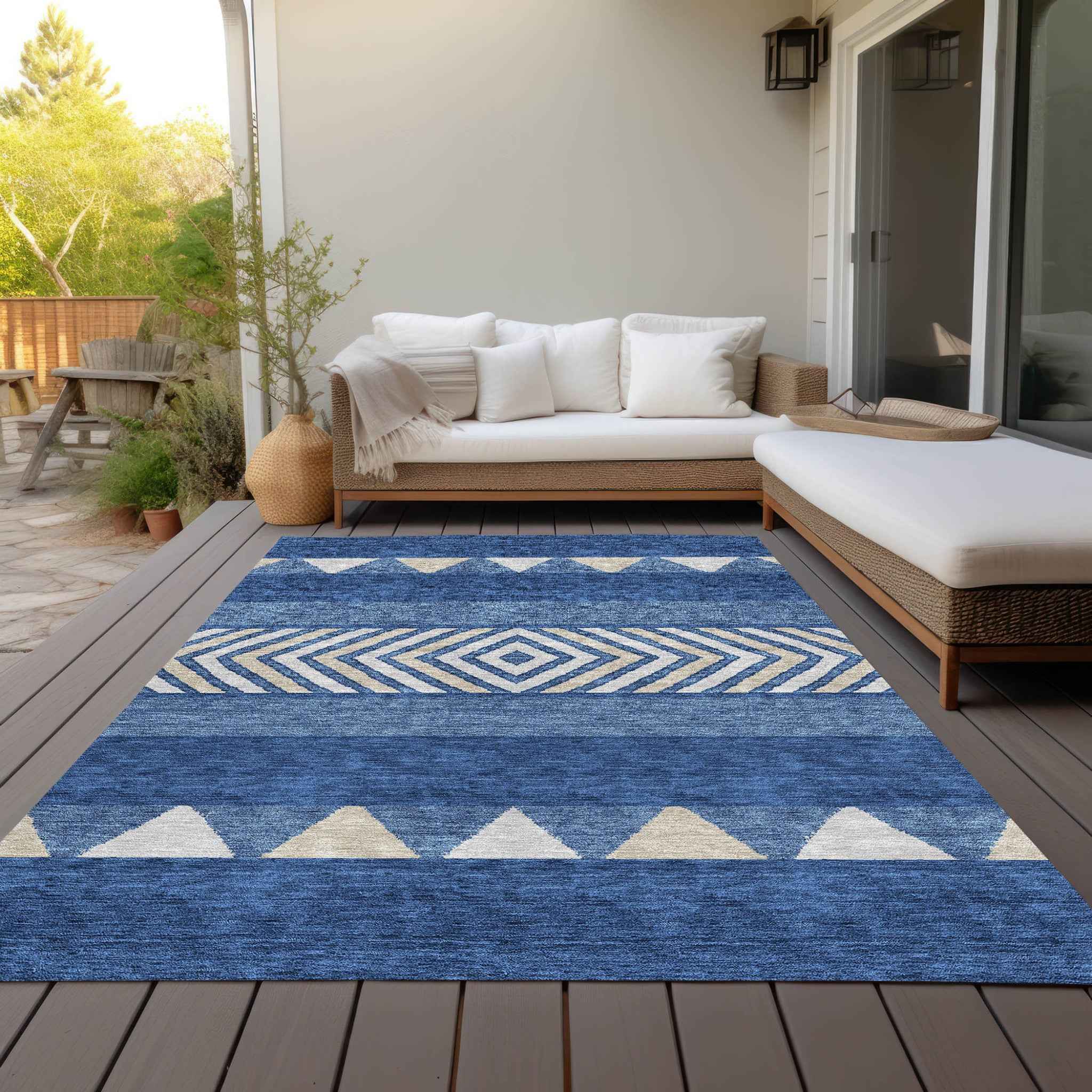 3' X 5' Navy Blue Ivory And Beige Southwestern Washable Indoor Outdoor Area Rug