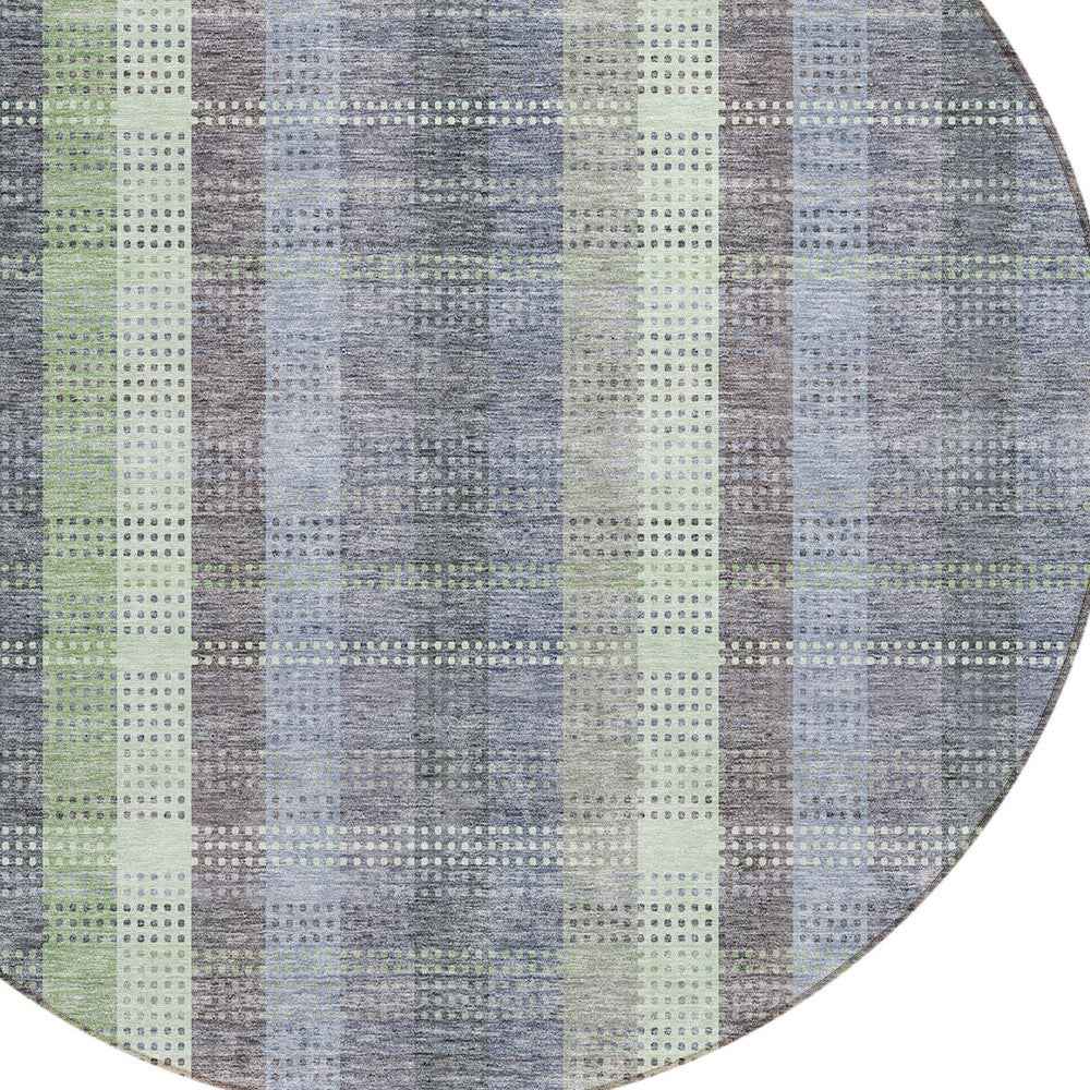 8' Pewter Gray And Mint Green Round Plaid Washable Indoor Outdoor Area Rug