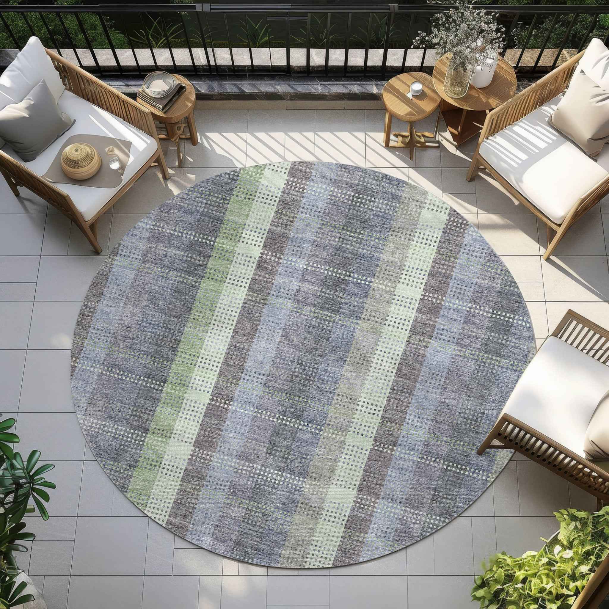 8' Pewter Gray And Mint Green Round Plaid Washable Indoor Outdoor Area Rug