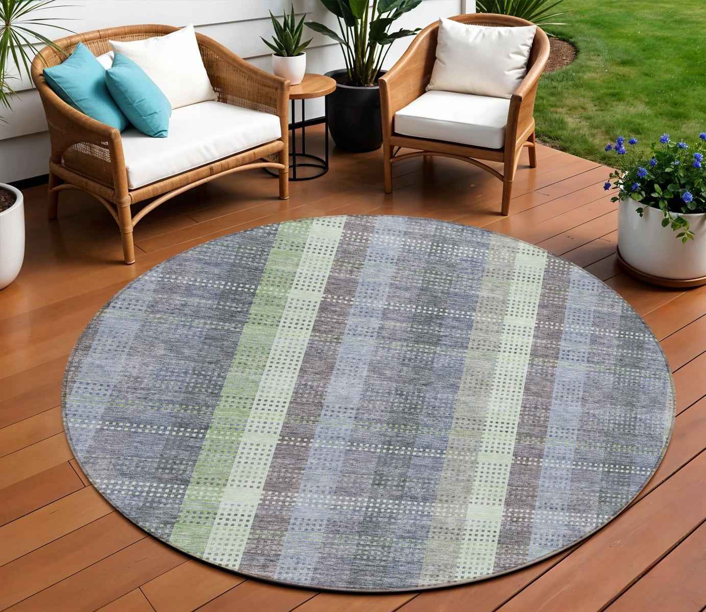 8' Pewter Gray And Mint Green Round Plaid Washable Indoor Outdoor Area Rug