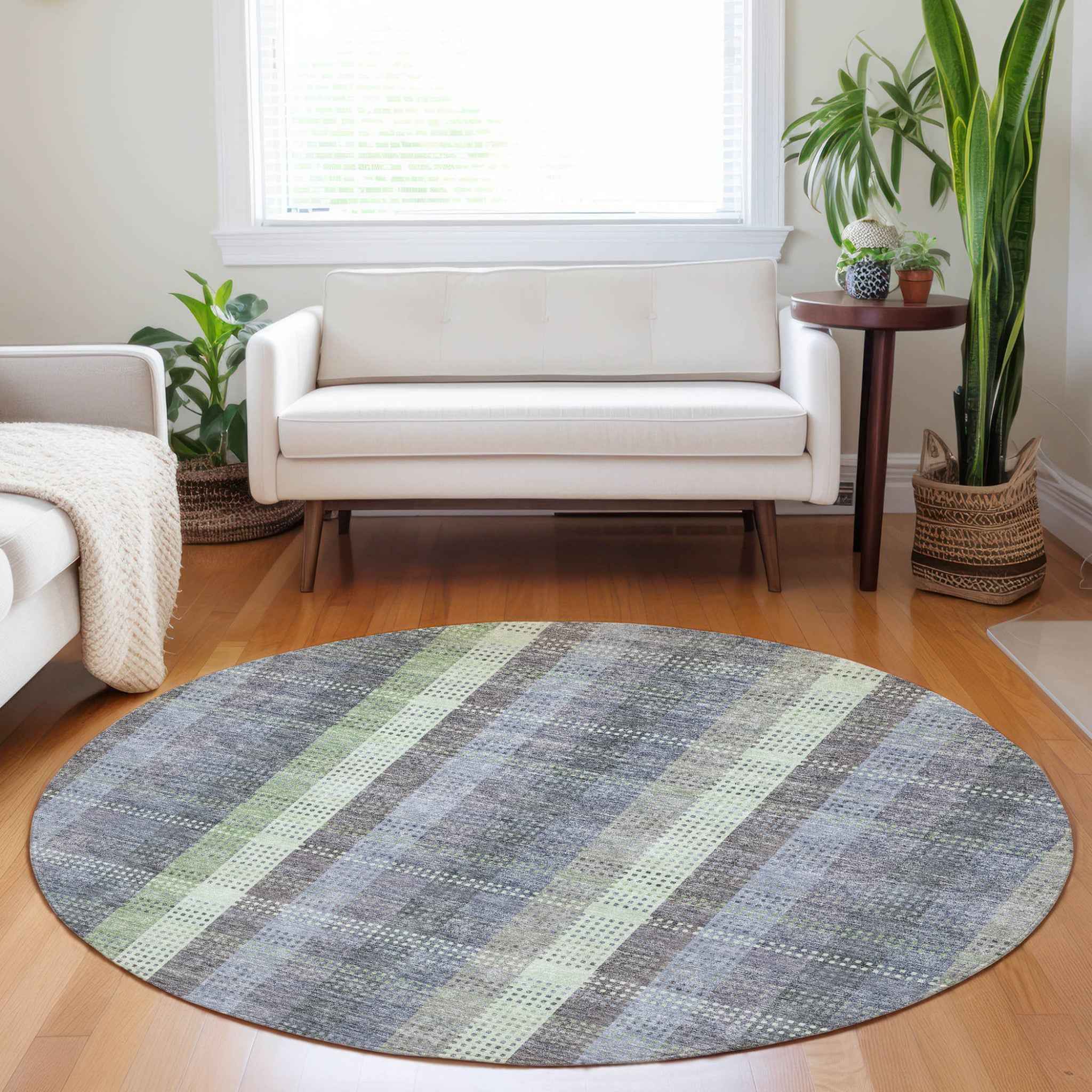 8' Pewter Gray And Mint Green Round Plaid Washable Indoor Outdoor Area Rug
