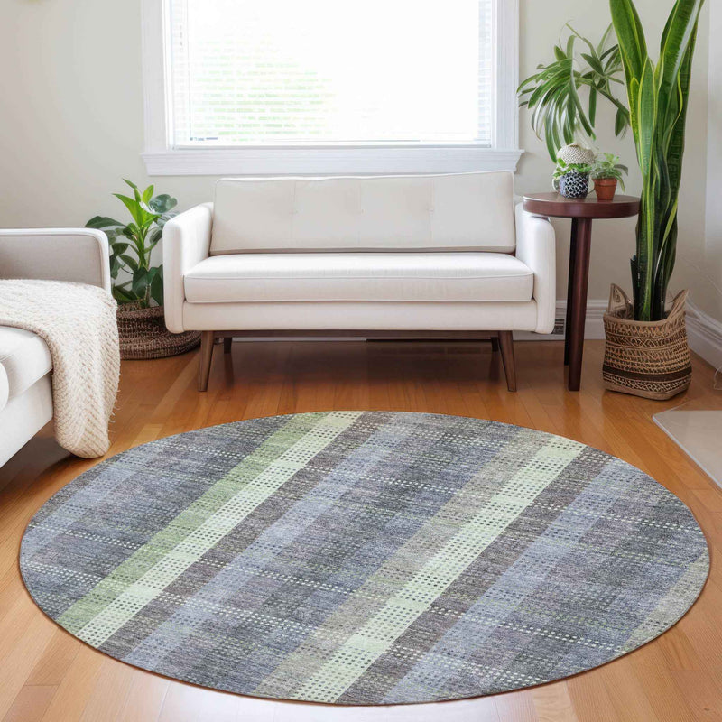 8' Pewter Gray And Mint Green Round Plaid Washable Indoor Outdoor Area Rug