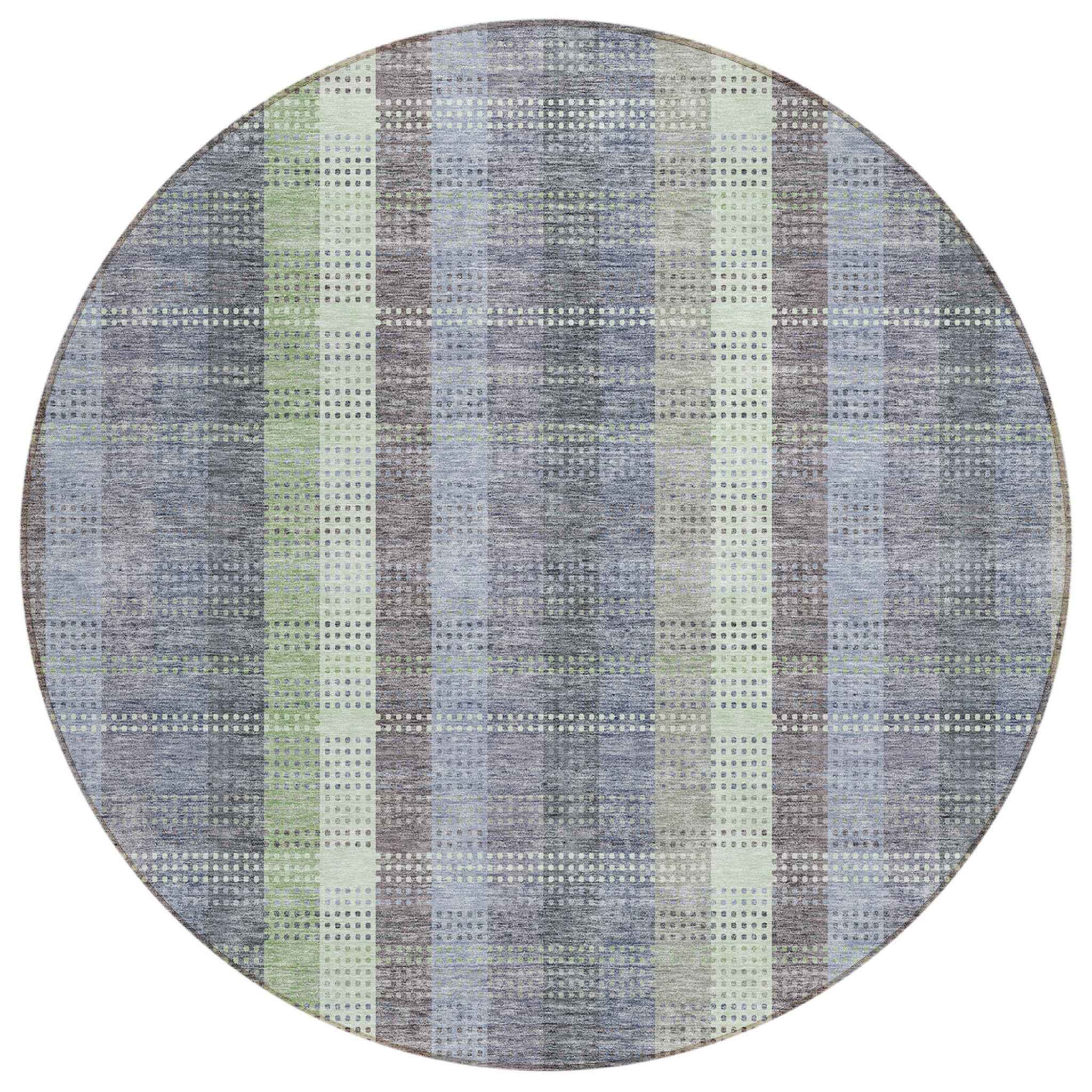 8' Pewter Gray And Mint Green Round Plaid Washable Indoor Outdoor Area Rug