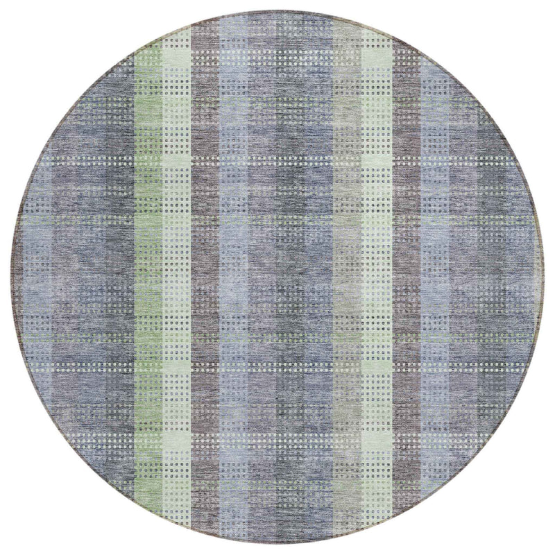 8' Pewter Gray And Mint Green Round Plaid Washable Indoor Outdoor Area Rug