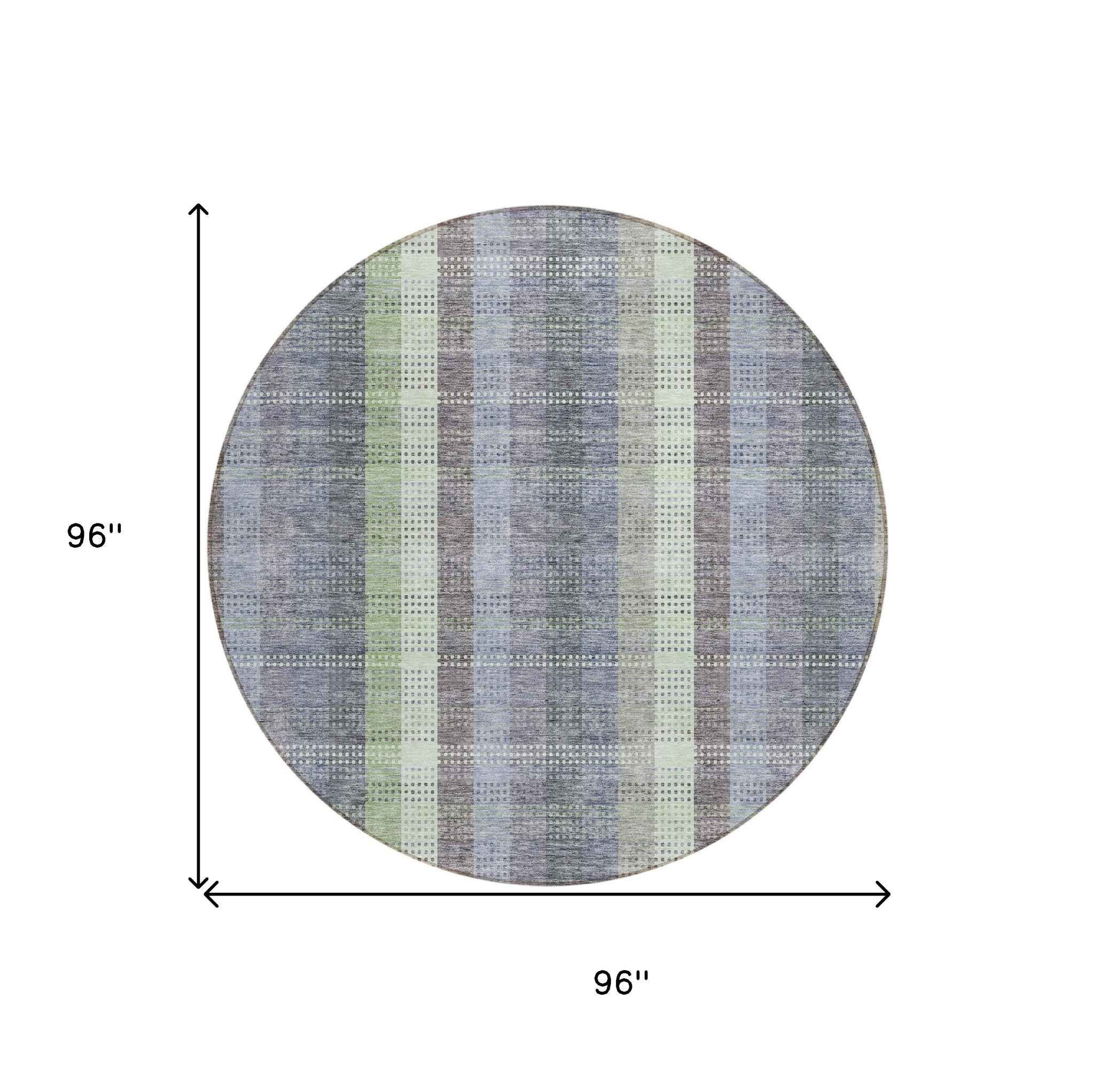 8' Pewter Gray And Mint Green Round Plaid Washable Indoor Outdoor Area Rug