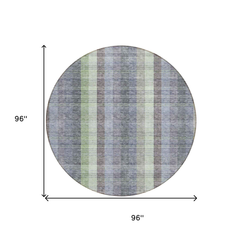 8' Pewter Gray And Mint Green Round Plaid Washable Indoor Outdoor Area Rug