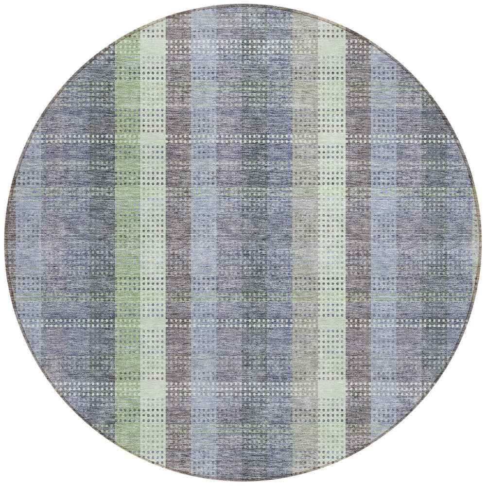 8' Pewter Gray And Mint Green Round Plaid Washable Indoor Outdoor Area Rug
