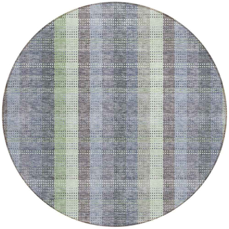 8' Pewter Gray And Mint Green Round Plaid Washable Indoor Outdoor Area Rug