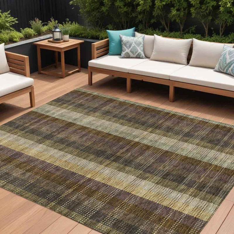 8' X 10' Brown Taupe And Plum Plaid Washable Indoor Outdoor Area Rug