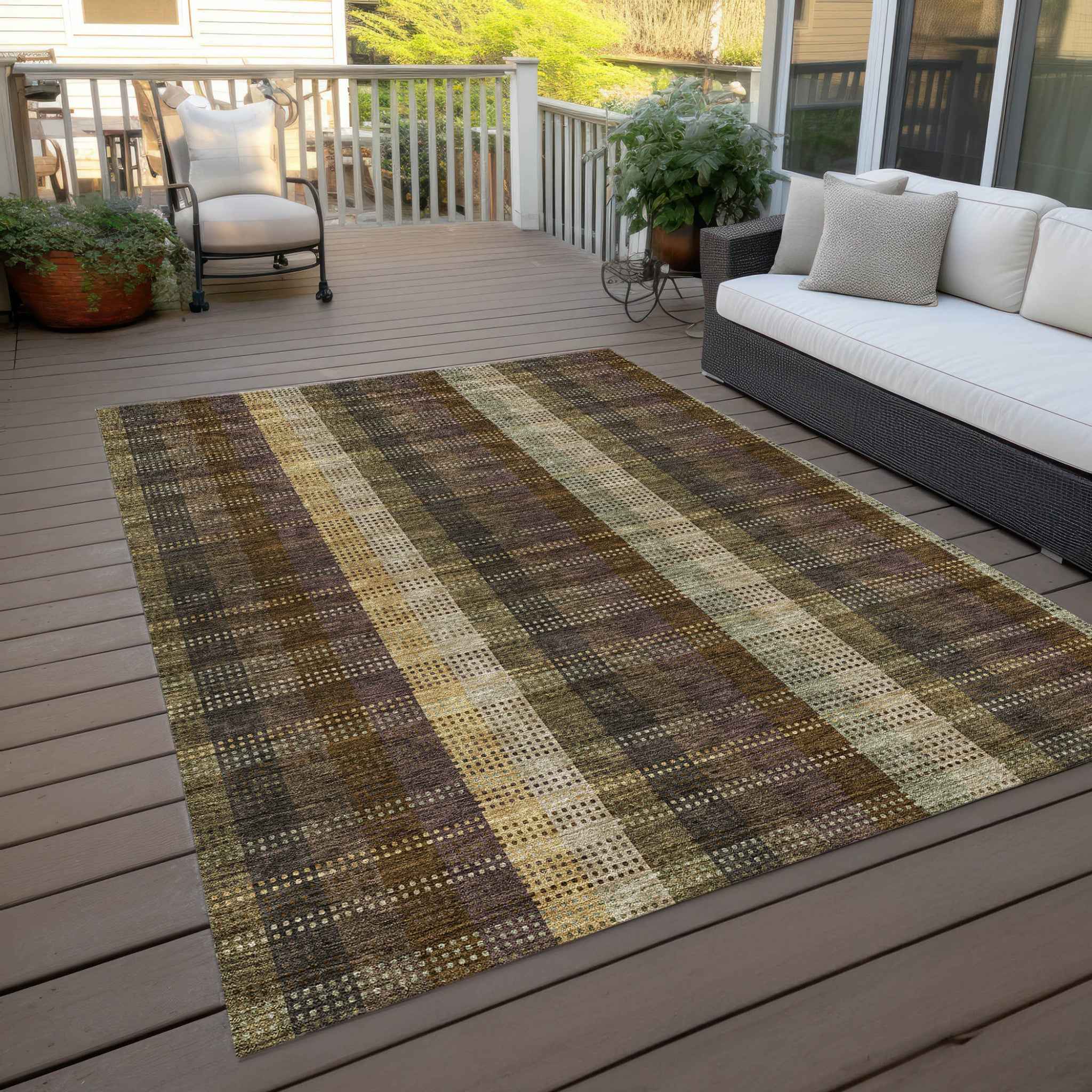 8' X 10' Brown Taupe And Plum Plaid Washable Indoor Outdoor Area Rug