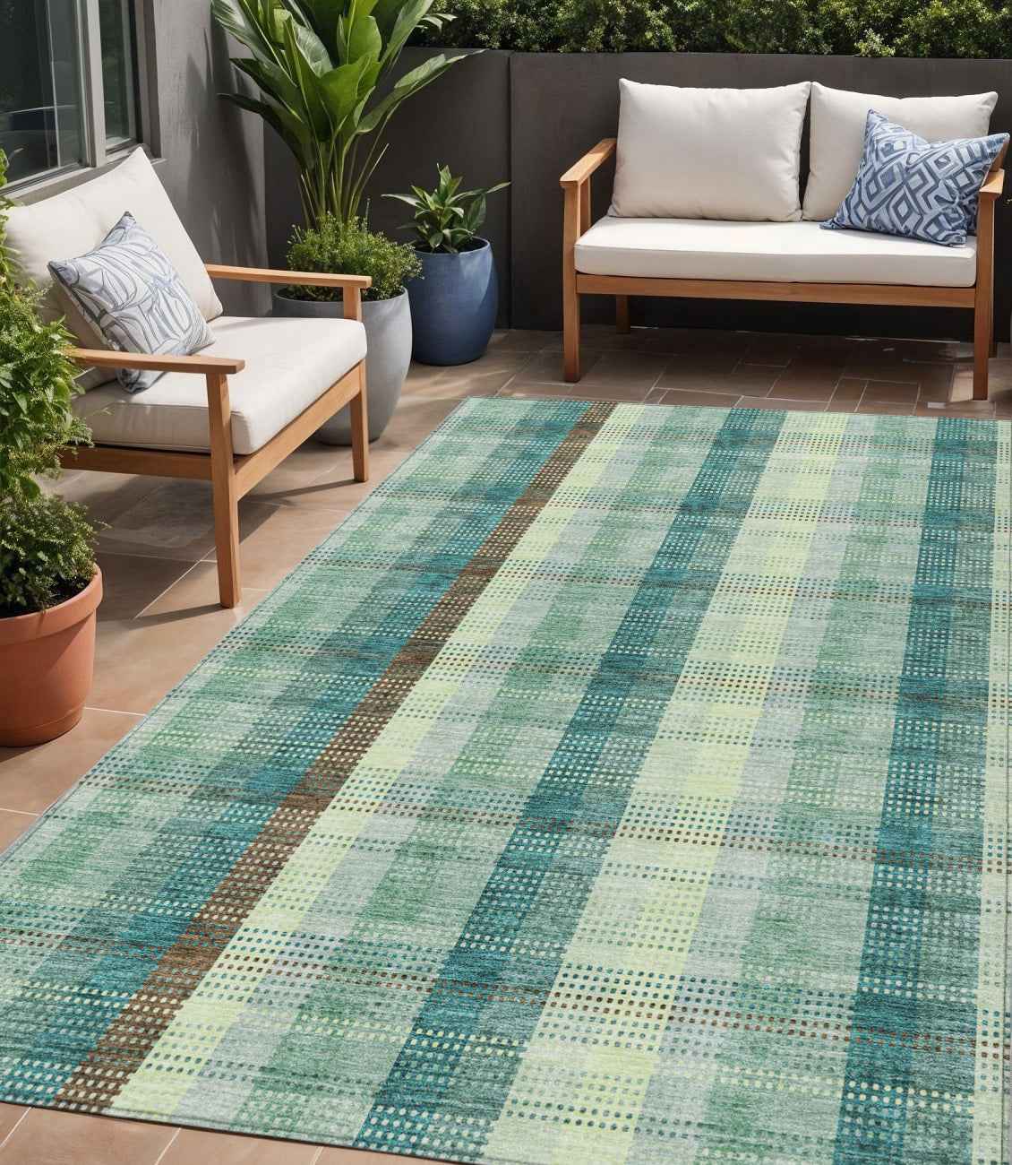 5' X 8' Sage Mint Green And Teal Blue Plaid Washable Indoor Outdoor Area Rug