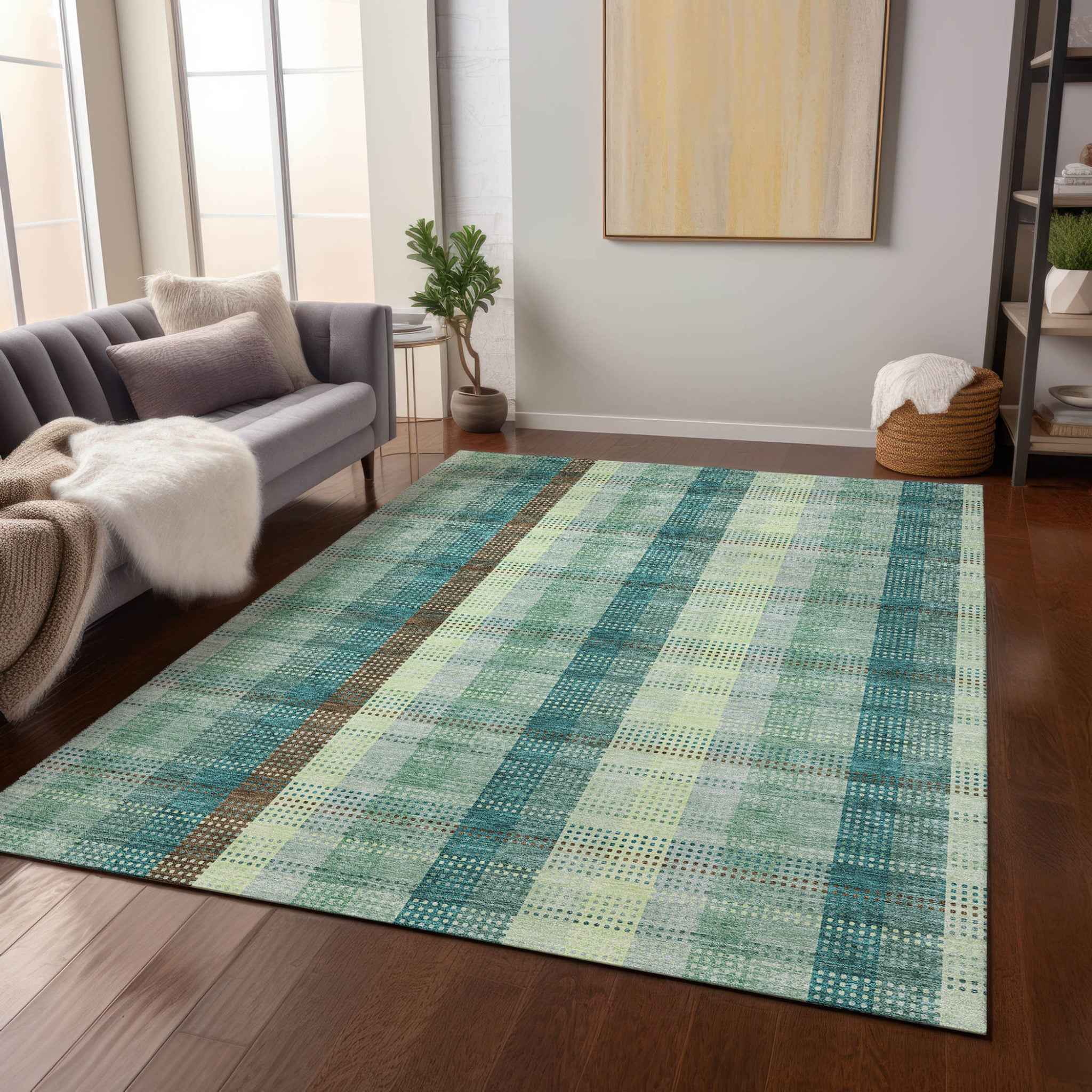 5' X 8' Sage Mint Green And Teal Blue Plaid Washable Indoor Outdoor Area Rug