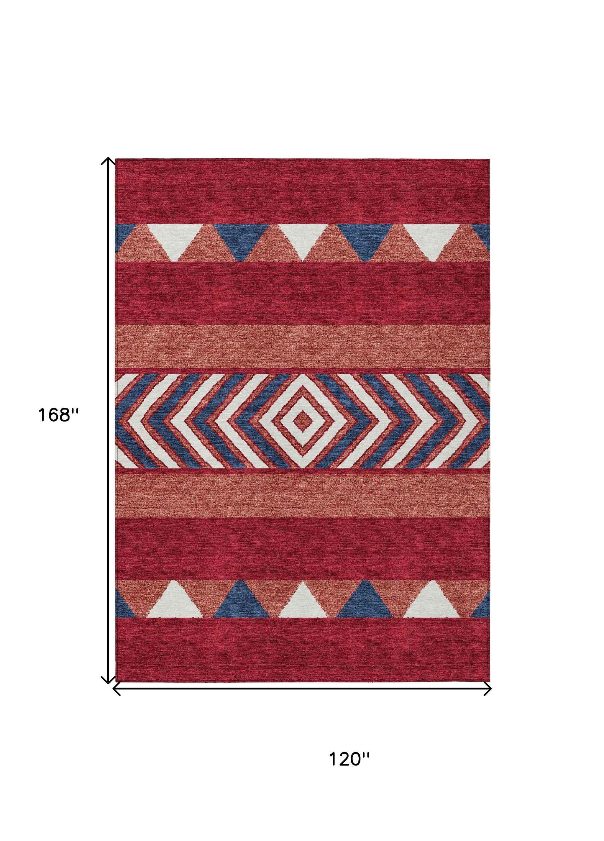 10' X 14' Red White And Navy Blue Southwestern Washable Indoor Outdoor Area Rug