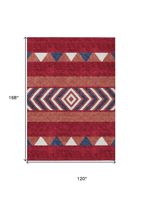 10' X 14' Red White And Navy Blue Southwestern Washable Indoor Outdoor Area Rug