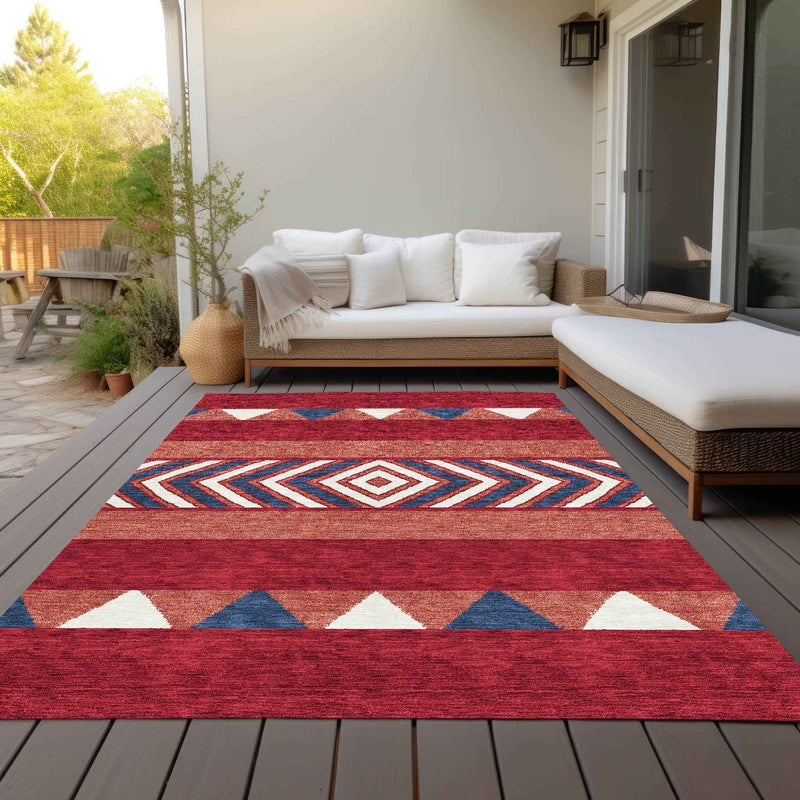 10' X 14' Red White And Navy Blue Southwestern Washable Indoor Outdoor Area Rug