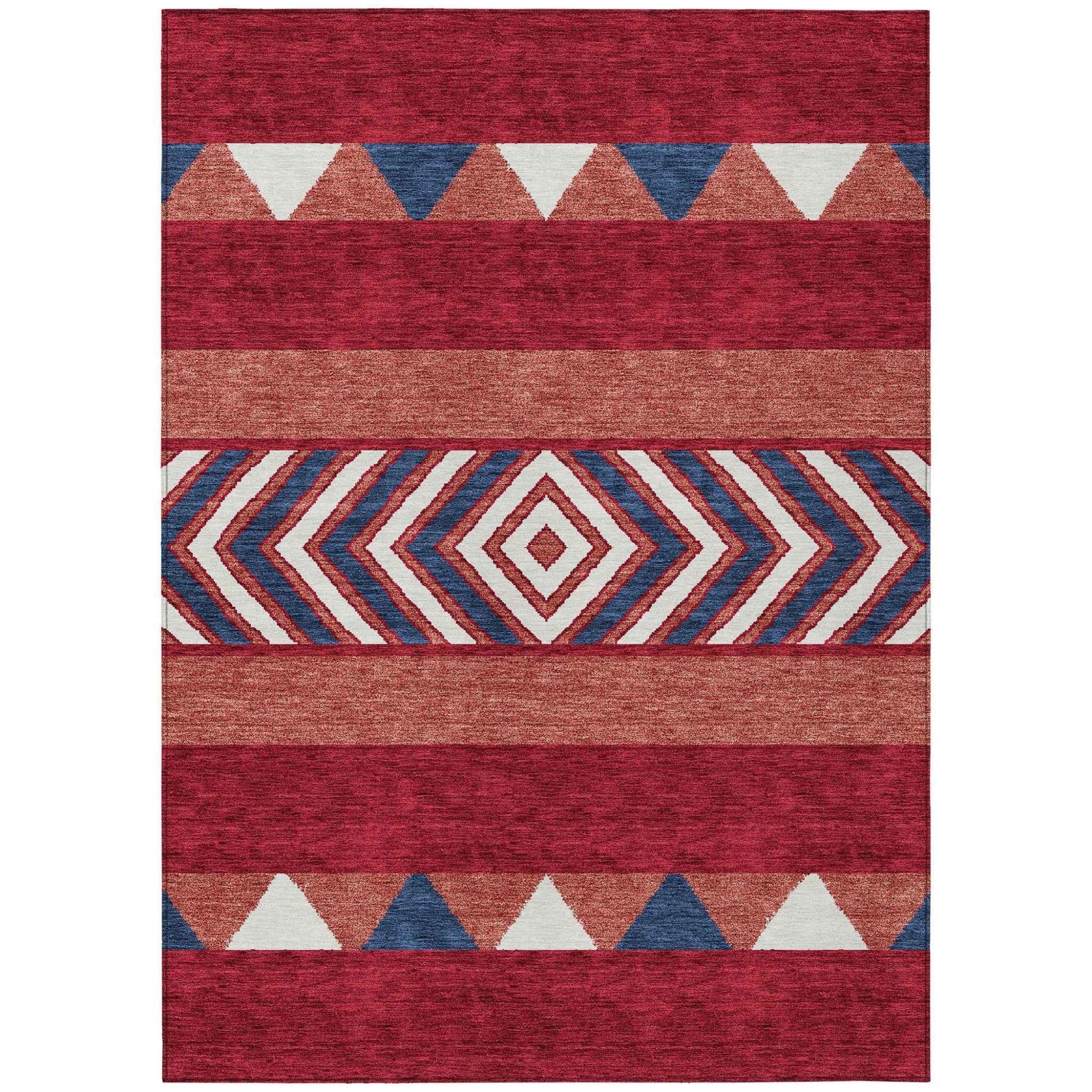 10' X 14' Red White And Navy Blue Southwestern Washable Indoor Outdoor Area Rug