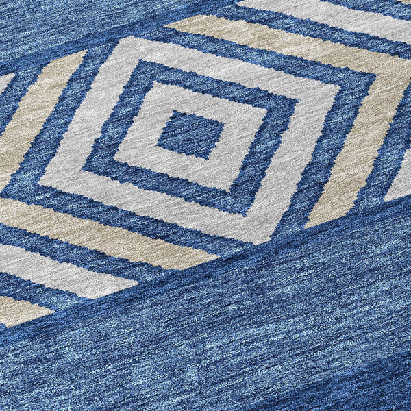 8' Navy Blue Ivory And Beige Round Southwestern Washable Indoor Outdoor Area Rug