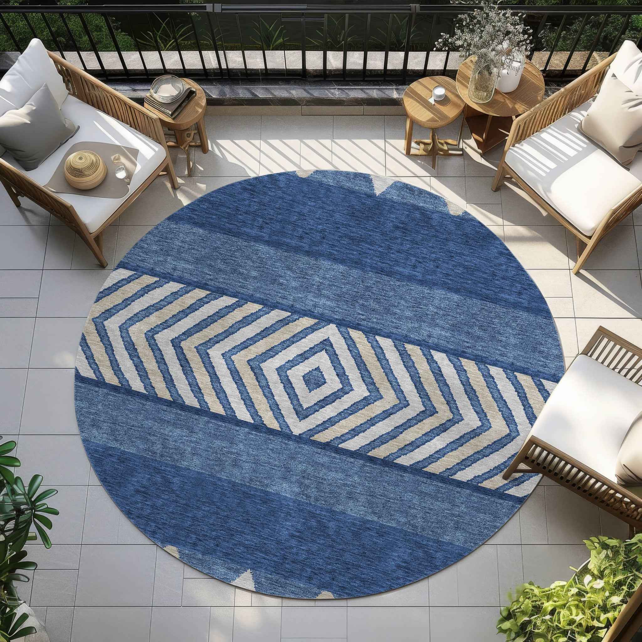 8' Navy Blue Ivory And Beige Round Southwestern Washable Indoor Outdoor Area Rug