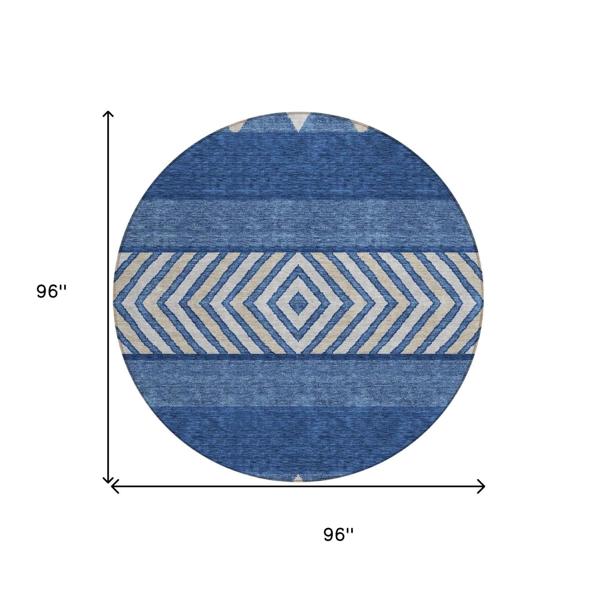 8' Navy Blue Ivory And Beige Round Southwestern Washable Indoor Outdoor Area Rug