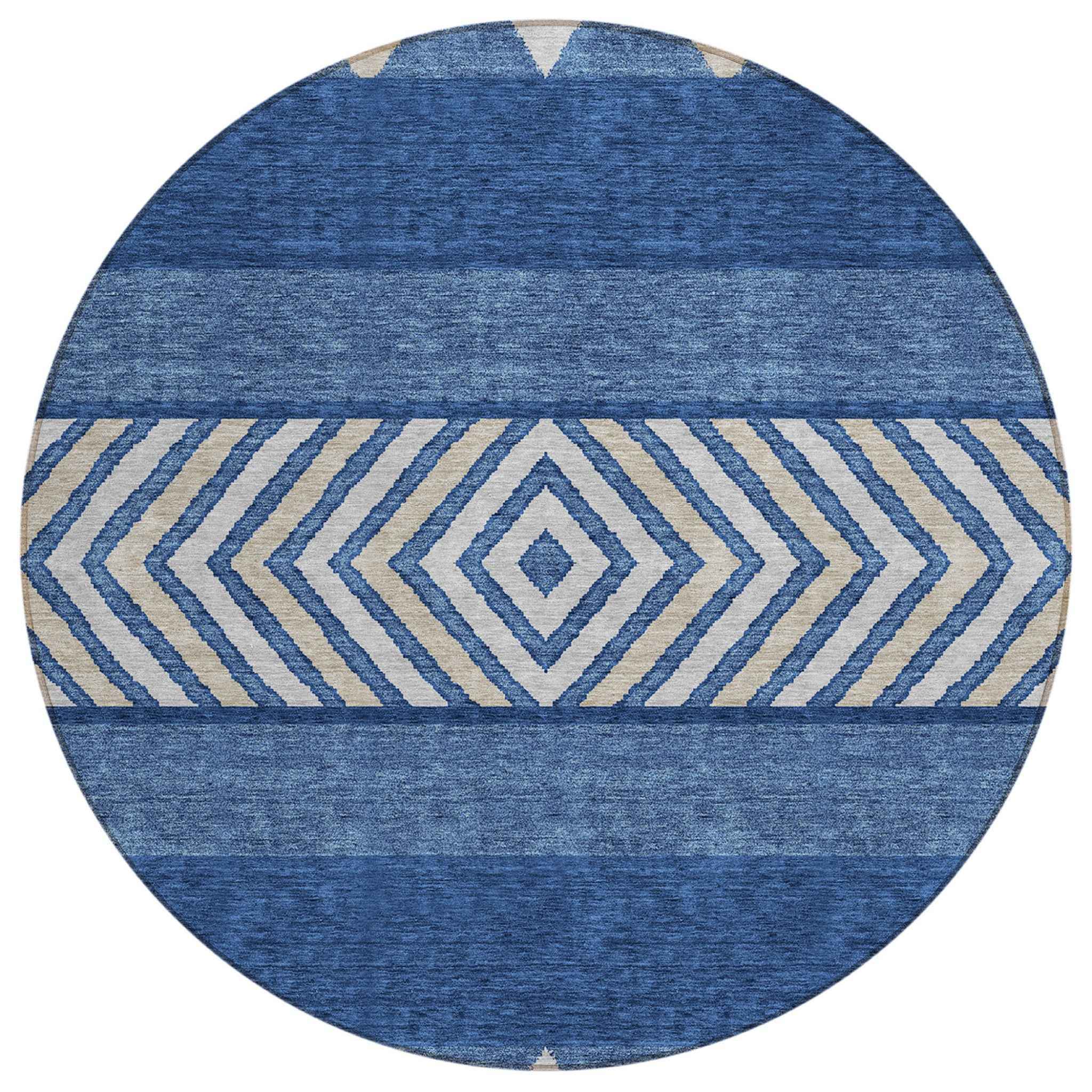 8' Navy Blue Ivory And Beige Round Southwestern Washable Indoor Outdoor Area Rug