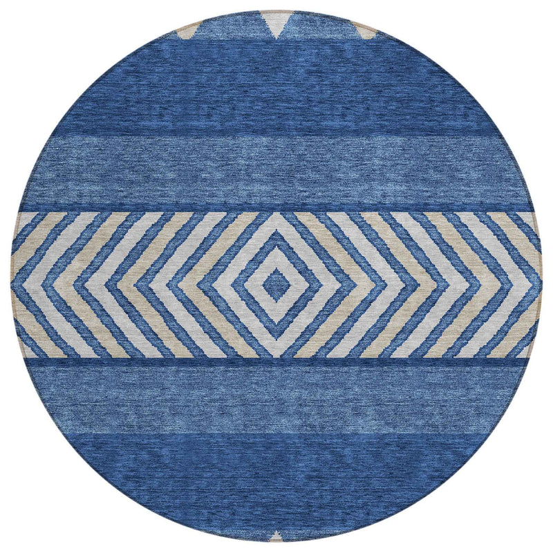 8' Navy Blue Ivory And Beige Round Southwestern Washable Indoor Outdoor Area Rug