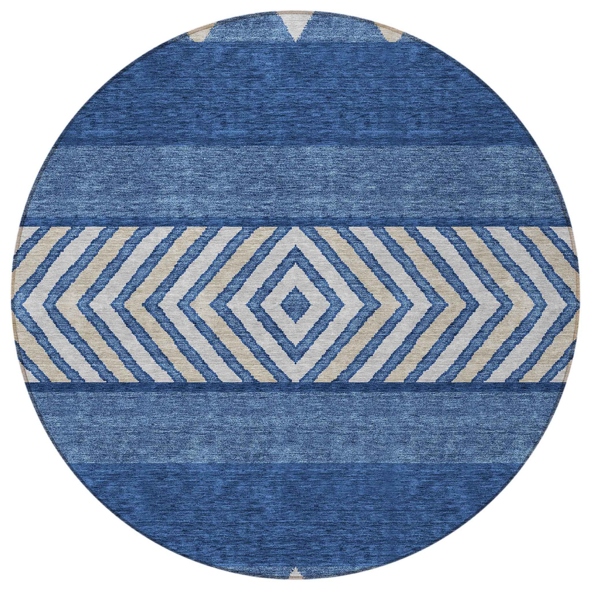 8' Navy Blue Ivory And Beige Round Southwestern Washable Indoor Outdoor Area Rug