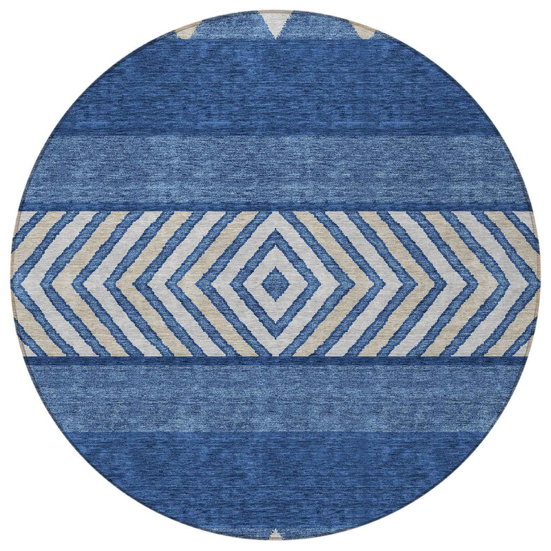 8' Navy Blue Ivory And Beige Round Southwestern Washable Indoor Outdoor Area Rug