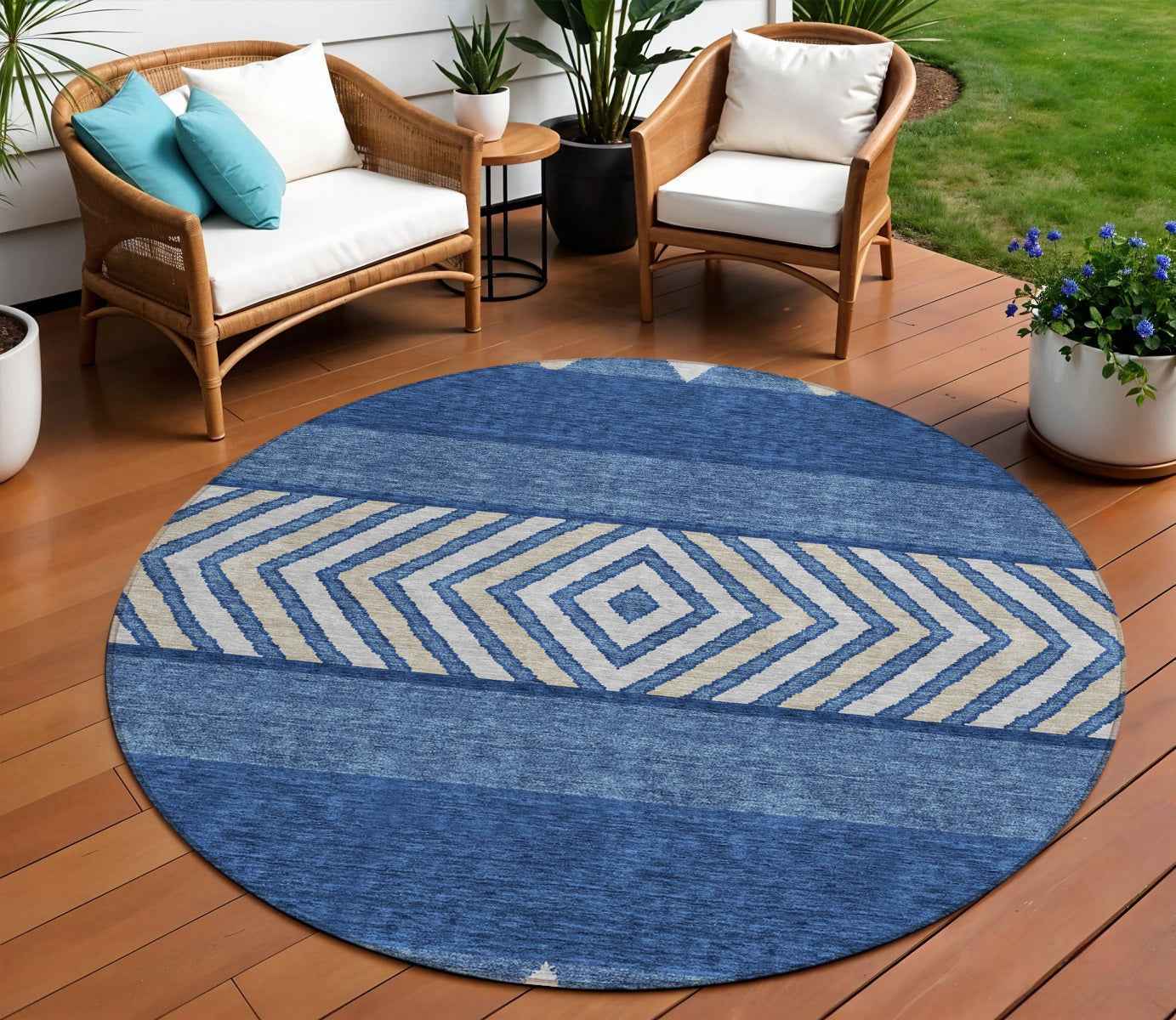 8' Navy Blue Ivory And Beige Round Southwestern Washable Indoor Outdoor Area Rug