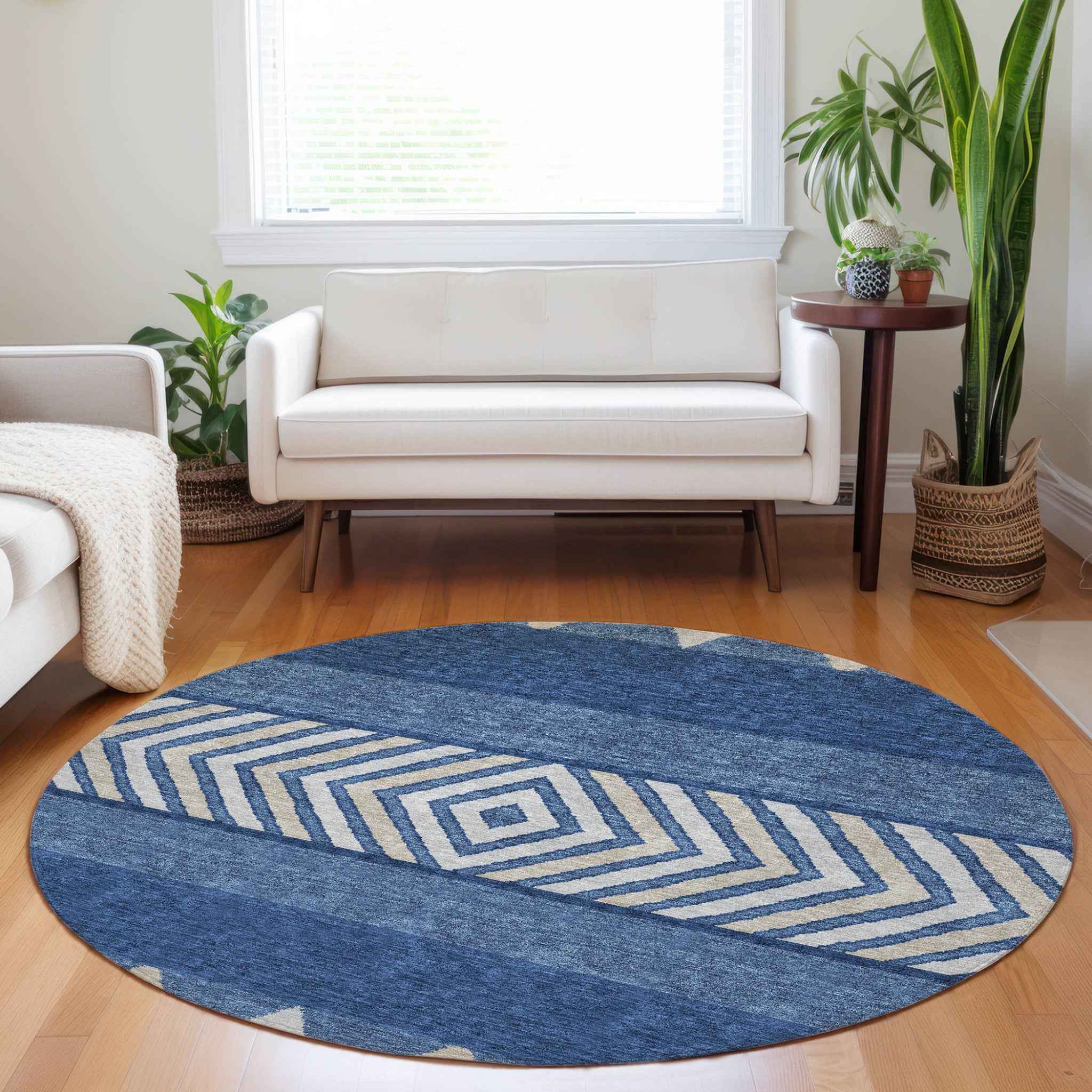 8' Navy Blue Ivory And Beige Round Southwestern Washable Indoor Outdoor Area Rug