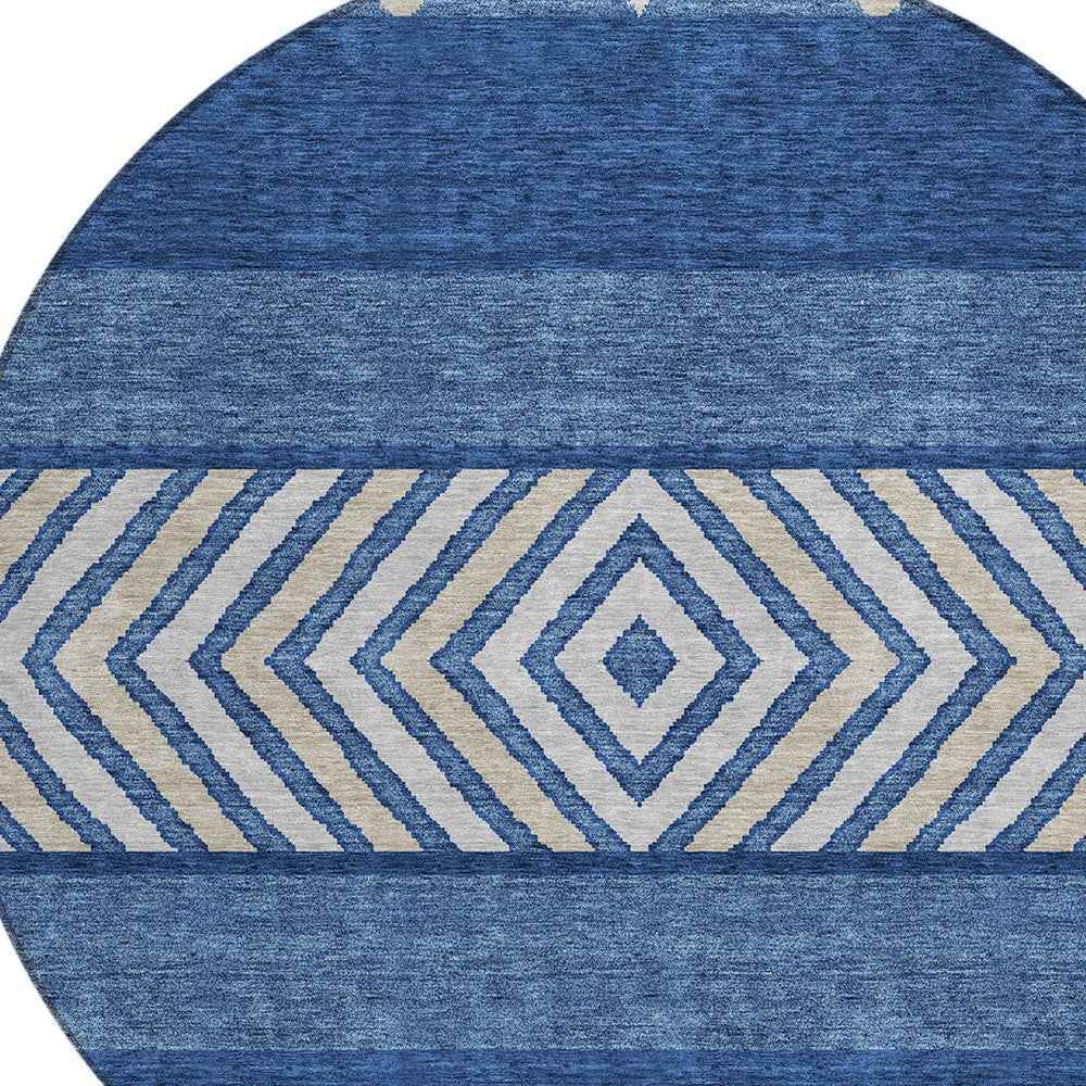 8' Navy Blue Ivory And Beige Round Southwestern Washable Indoor Outdoor Area Rug