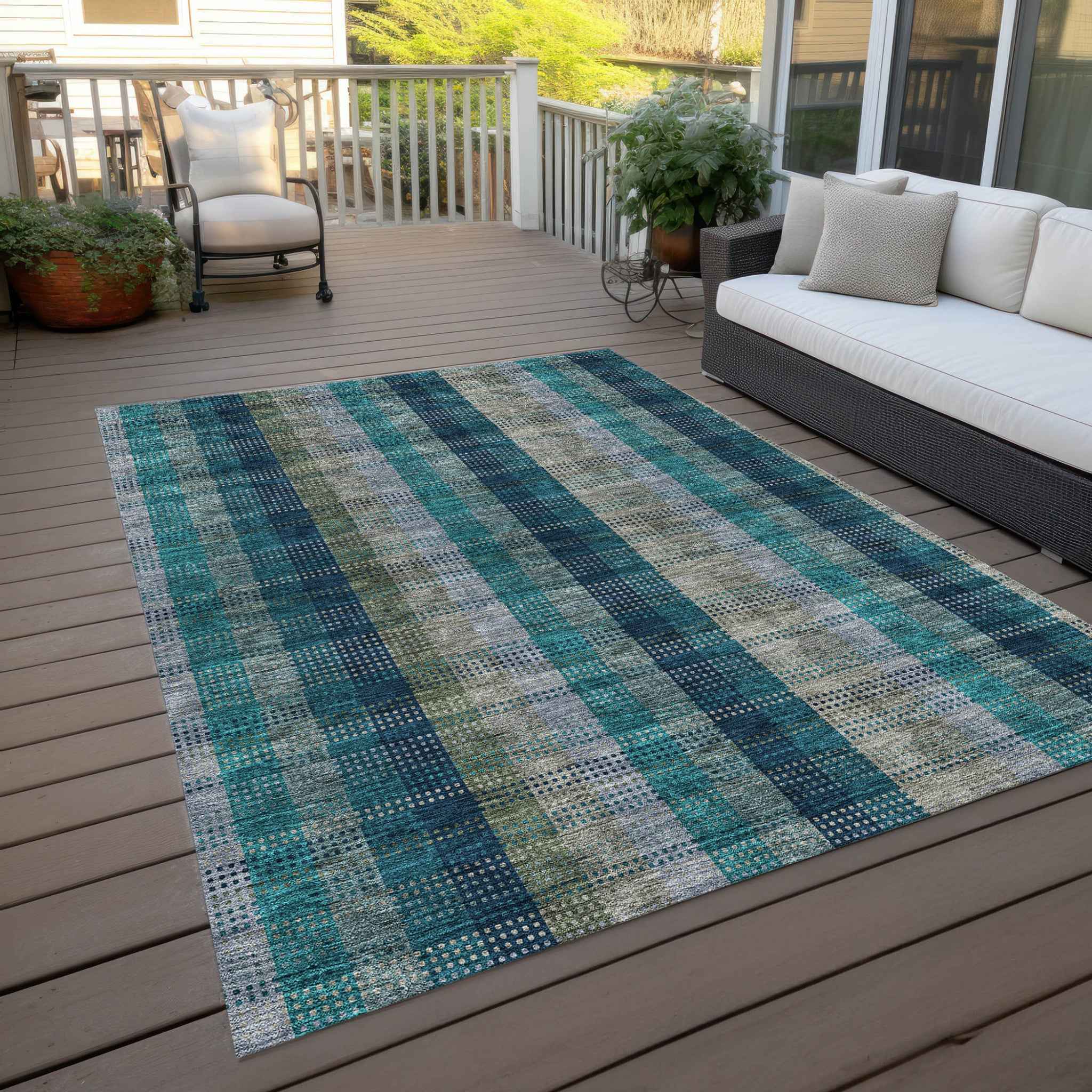 9' X 12' Teal Blue Navy Blue And Olive Green Plaid Washable Indoor Outdoor Area Rug