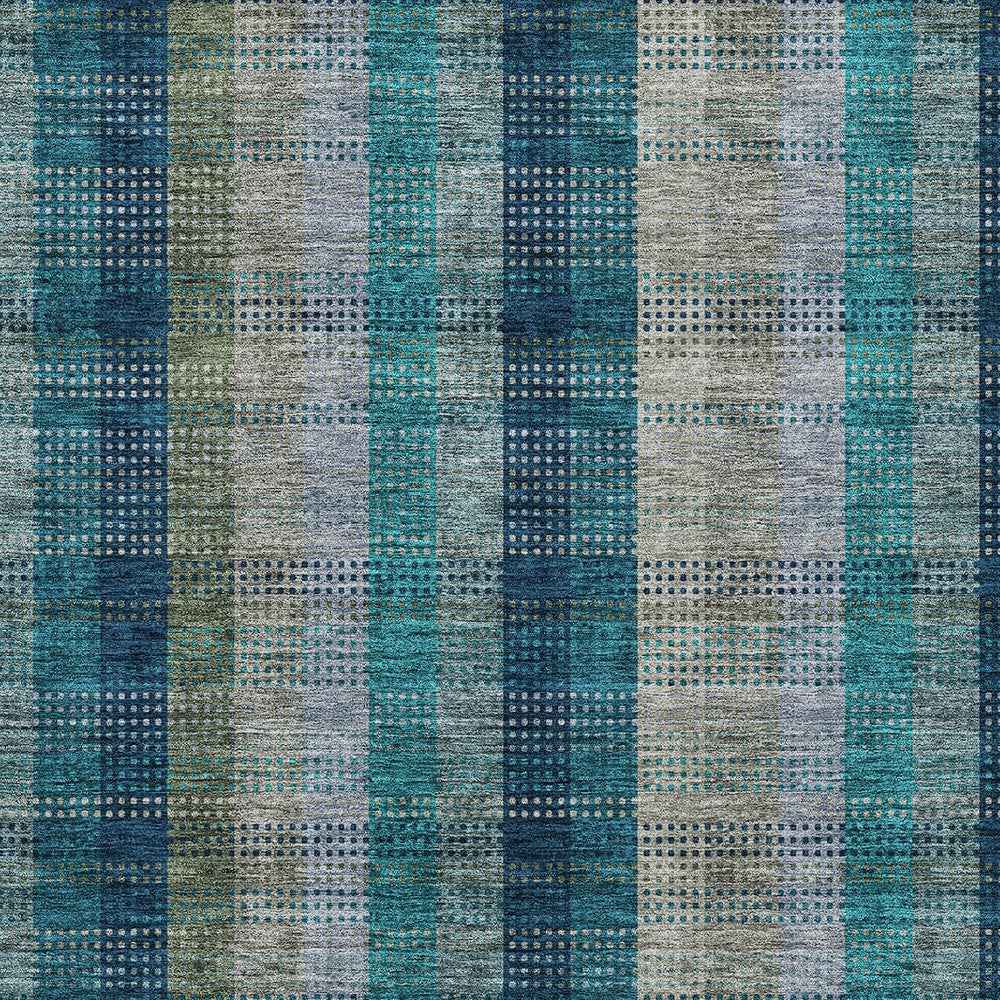 9' X 12' Teal Blue Navy Blue And Olive Green Plaid Washable Indoor Outdoor Area Rug
