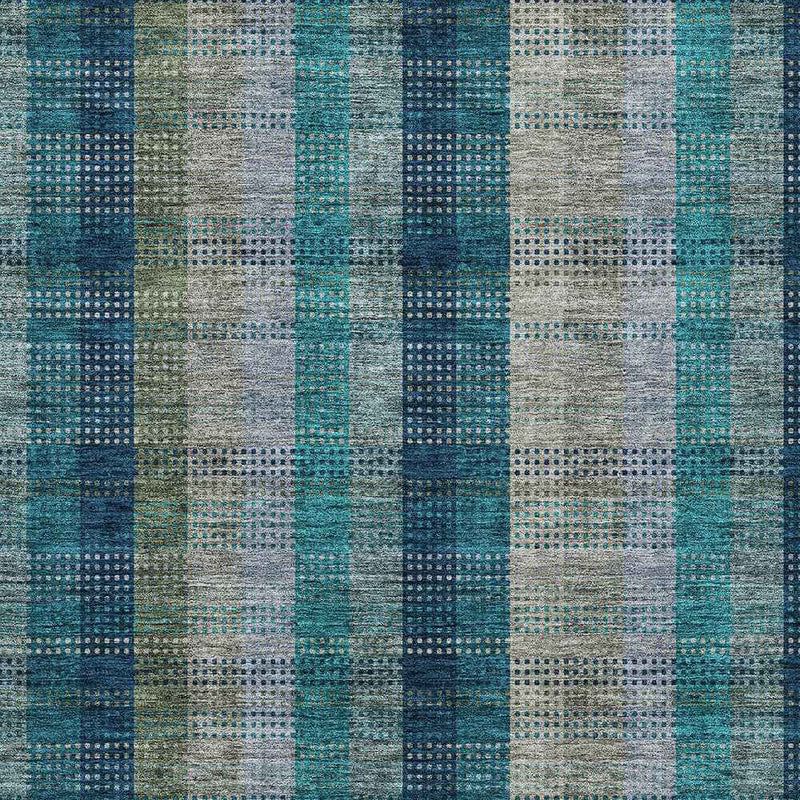 9' X 12' Teal Blue Navy Blue And Olive Green Plaid Washable Indoor Outdoor Area Rug