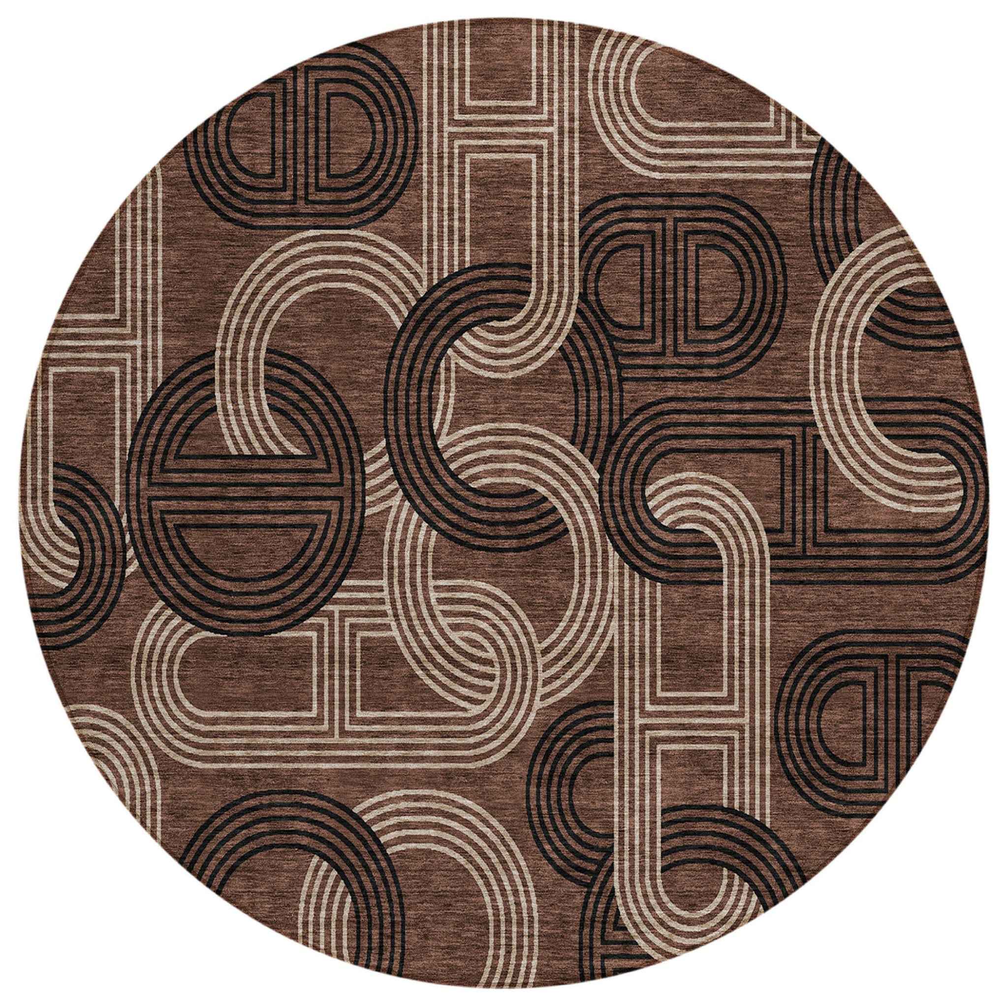 8' Chocolate And Beige Round Geometric Washable Indoor Outdoor Area Rug