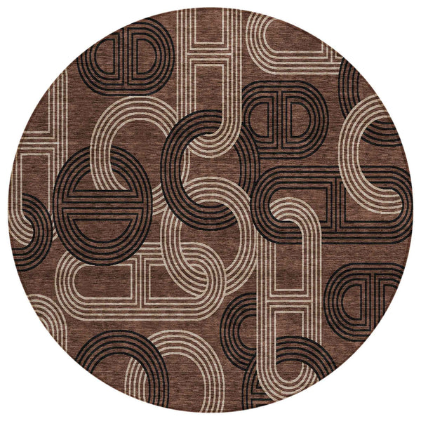 8' Chocolate And Beige Round Geometric Washable Indoor Outdoor Area Rug