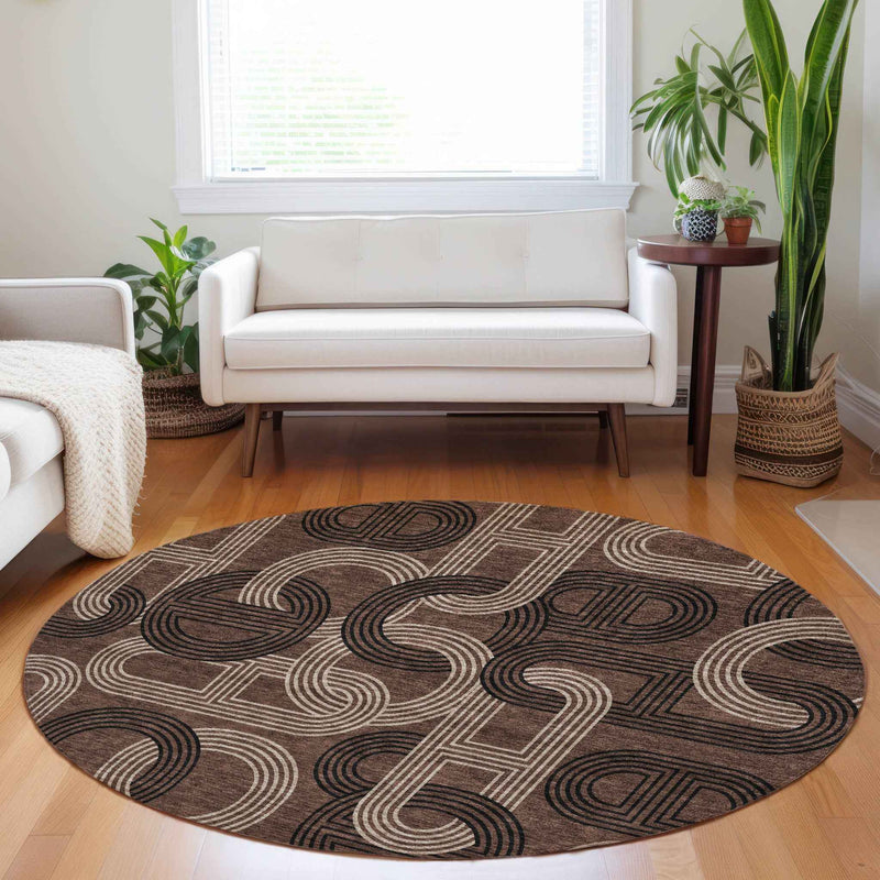 8' Chocolate And Beige Round Geometric Washable Indoor Outdoor Area Rug