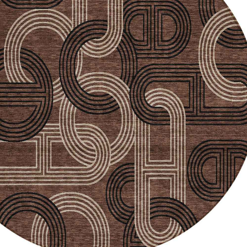 8' Chocolate And Beige Round Geometric Washable Indoor Outdoor Area Rug