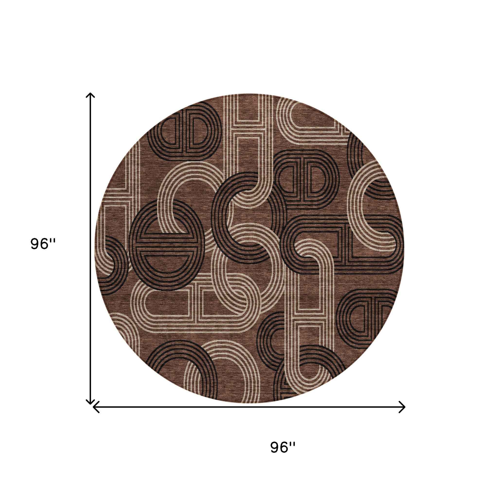 8' Chocolate And Beige Round Geometric Washable Indoor Outdoor Area Rug