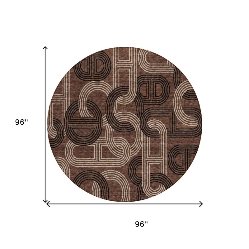 8' Chocolate And Beige Round Geometric Washable Indoor Outdoor Area Rug