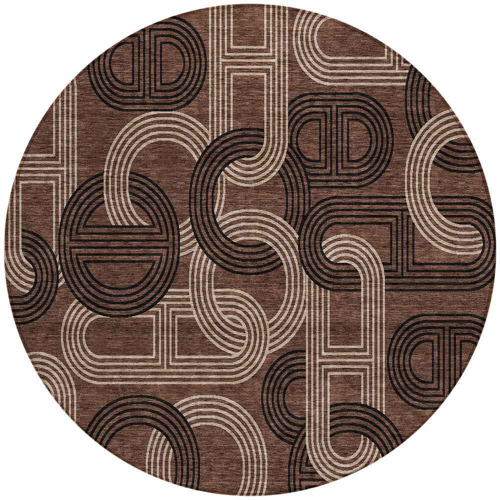 8' Chocolate And Beige Round Geometric Washable Indoor Outdoor Area Rug