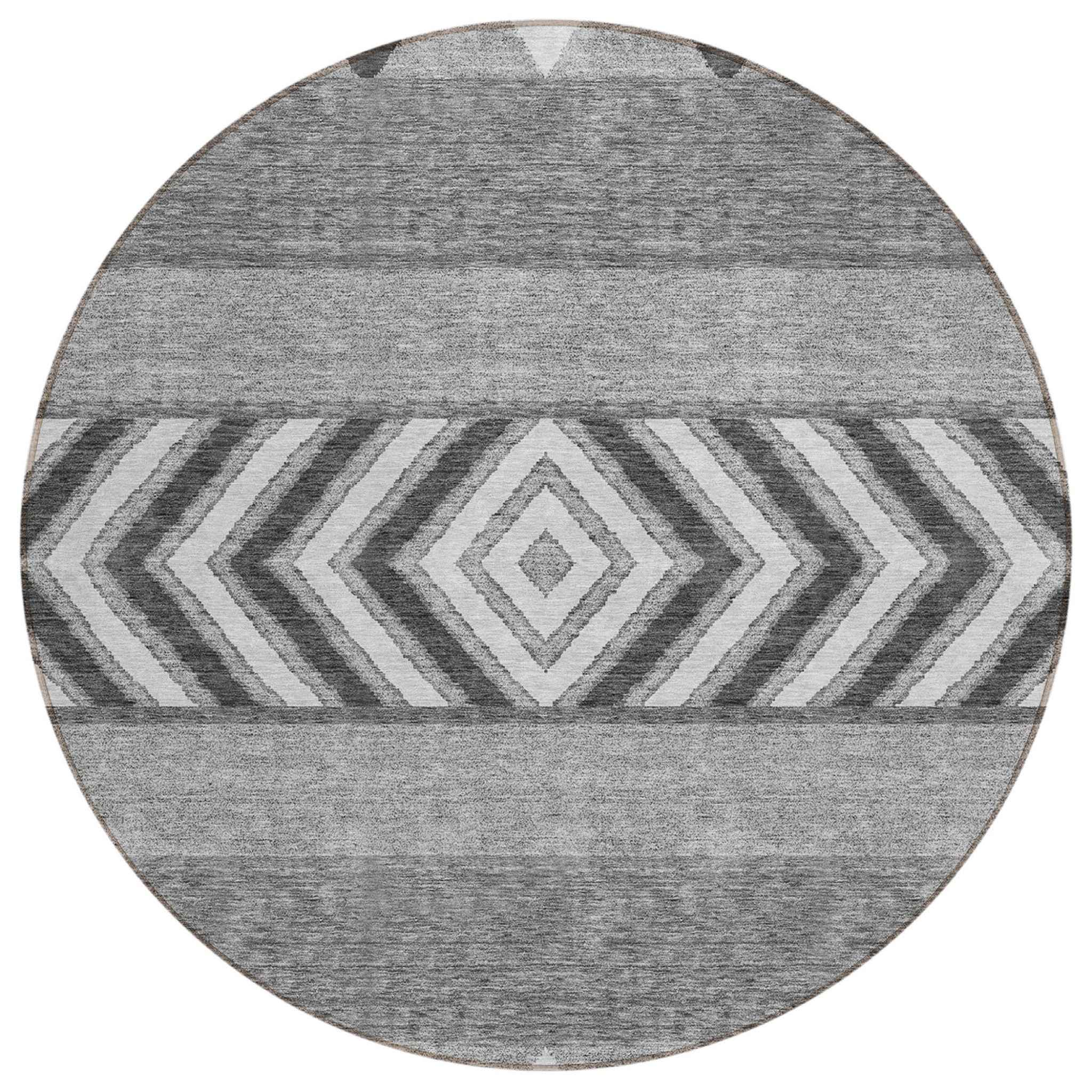 8' Gray Charcoal And Silver Round Southwestern Washable Indoor Outdoor Area Rug